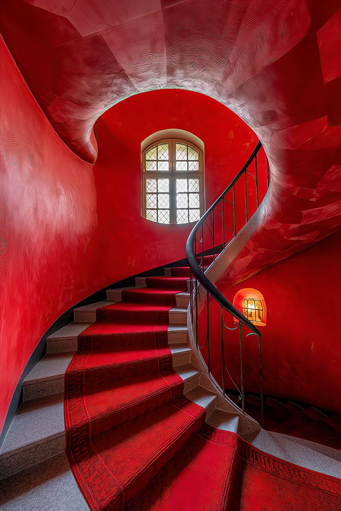Curved stairway with window and carpet. (AI Generated)